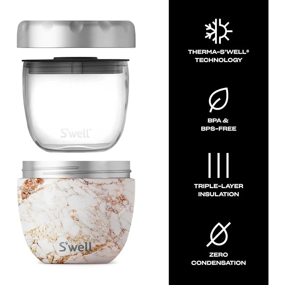 S'well Eats Calacatta Gold 21oz Insulated Food Jar Marble Lunch Container Set